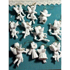 Porcelain Cherub Angel Christmas Ornaments Set White Hanging
